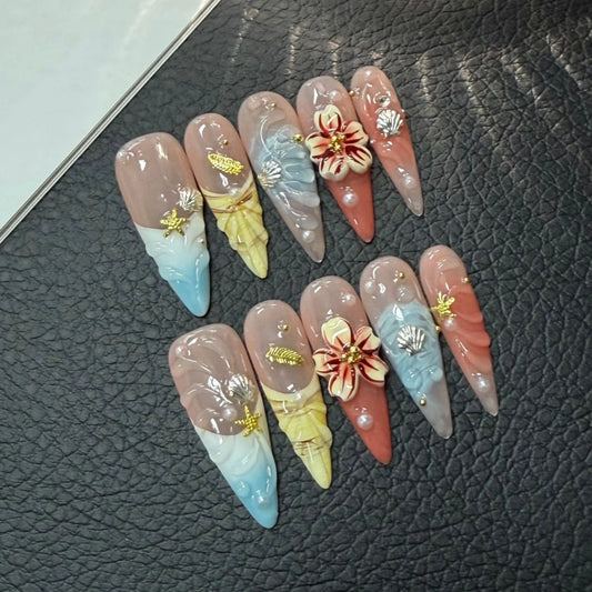 10Pcs/set Long Almond Hand-painted 3D Flower Nail Art Colorful Summer Starfish Pearl Stick on Nails Handmade Detachable Manicure