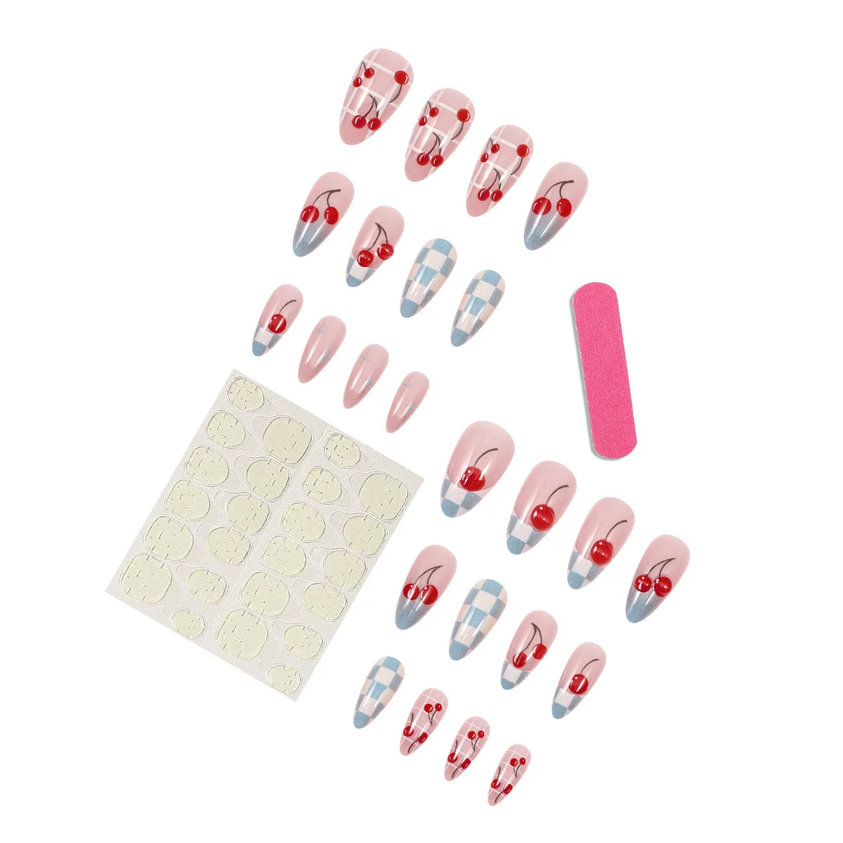 24PCS Almond Pink Blue Fake Nails Checkered Cherry Print Sweet Coquette Style Press on Nails Reusable False Nails for Daily Wear