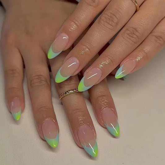 24Pcs Mid-length Almond Full Cover Nails Tips with Colorful Stripe French False Nails Detachable Artificial Press on Fake Nails