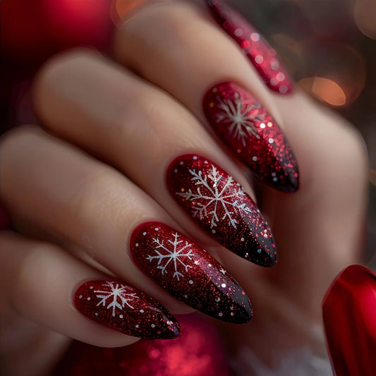 24pcs Christmas Almond False Nails Simple Shiny Powder Full Cover Nail Tips Snowflake Red Fake Nail Art Long Oval Press on Nails
