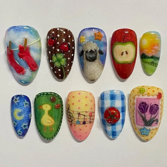 24pcs Almond False Nails Art Cute Cartoon Colorful Short Fake Nail Tips Detachable Press on Nails Fruit Insects Design Manicure