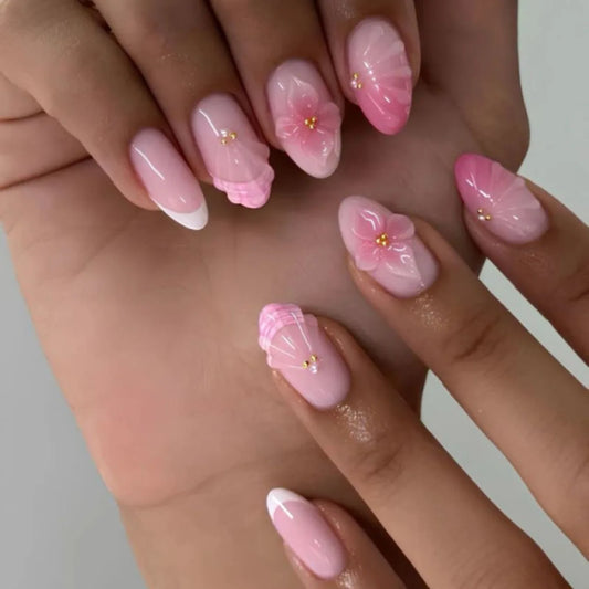 24Pcs 3D Flower French Design False Nails Short Almond Wearable Nails Set Press on Full Cover Pink Smudge Pearl Fake Nails Tips