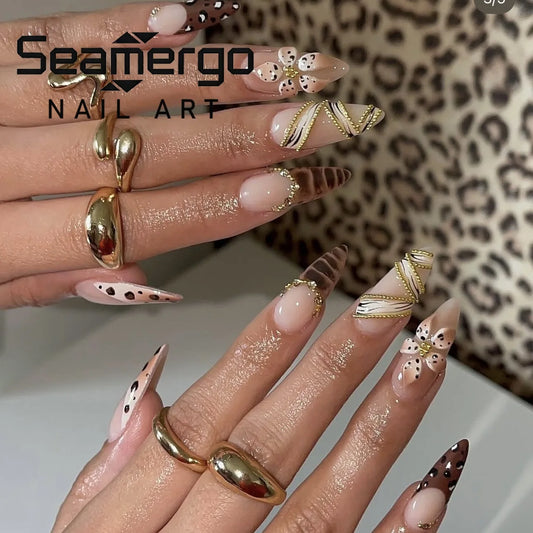 24PCS Luxury French Leopard False Nails 3D Carved Floral Press on Nails Gold Bead Chain Design Autumn Winter Sweet Cool Manicure