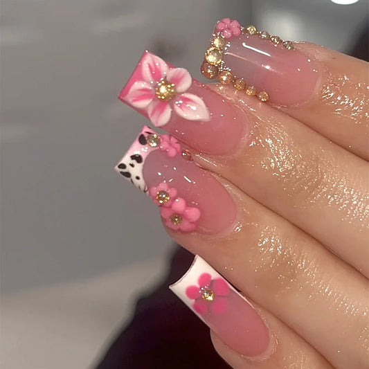 24pcs Long Pink French Press on Nails 3D Flower Fake Nails Simple False Nail Artificial Tips Накладные Ногти Uñas Postizas 네일팁