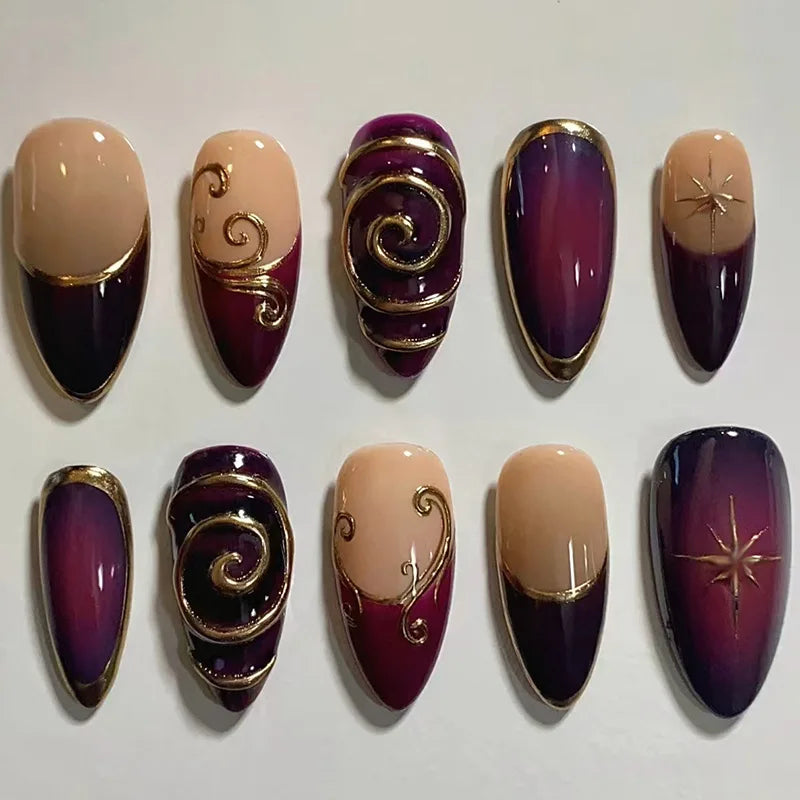 24Pcs Mid-length Almond Press on Fake Nails with Insect Flower Button Design Full Cover Nails Tips Reusable Finished False Nails