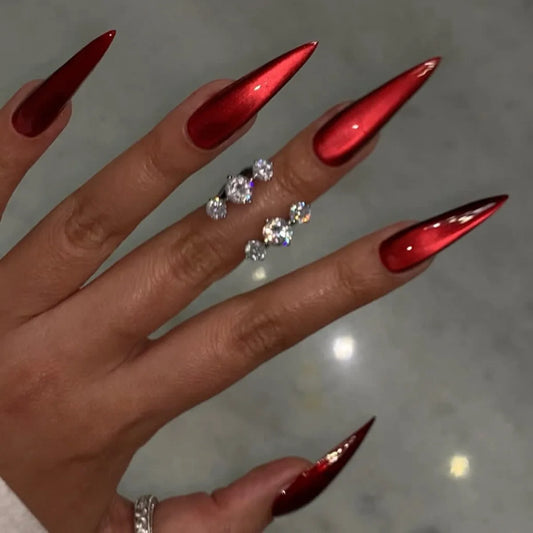 24pcs Cat's Eye Red False Nails Tips Simple Long Stiletto Fake Nail Art Almond Press on Nails Sets Finished Reusable Manicure