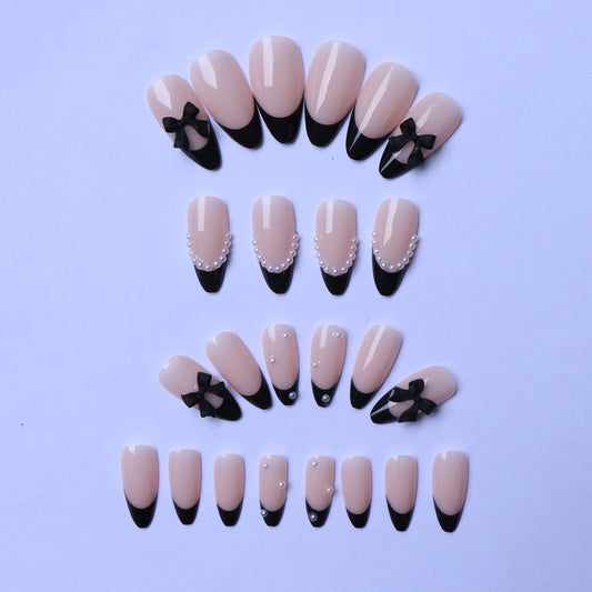 ARTAUG 96PCS Pressed French Almond False Nails With 3d Bow Pearl And Flower Designs, Reusable Acrylic False Nails