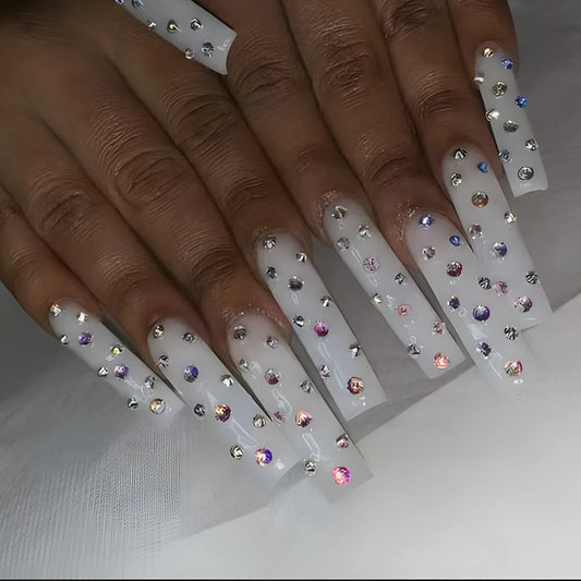 24Pcs Long Square Head False Nails Press on Colorful Rhinestone Design Fake Nail Art Detachable Artificial Full Cover Nails Tips
