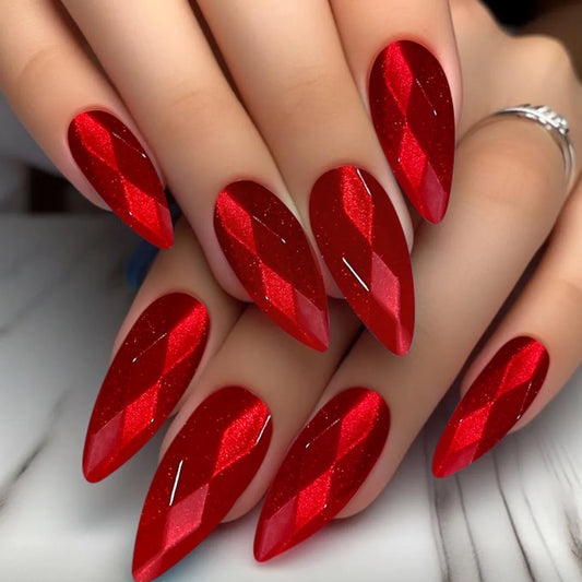 24pcs Glossy Red Almond Press on Nails Shiny Cat Eye Simple Fake Nails Women Wearable Detachable European Fashion False Nails