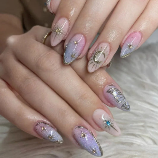 24Pcs Purple Pink Gradient Almond Fashion Nail Set Rhinestones Gold Stripes Moon Fake Nails Detachable Full Cover Press on Nails