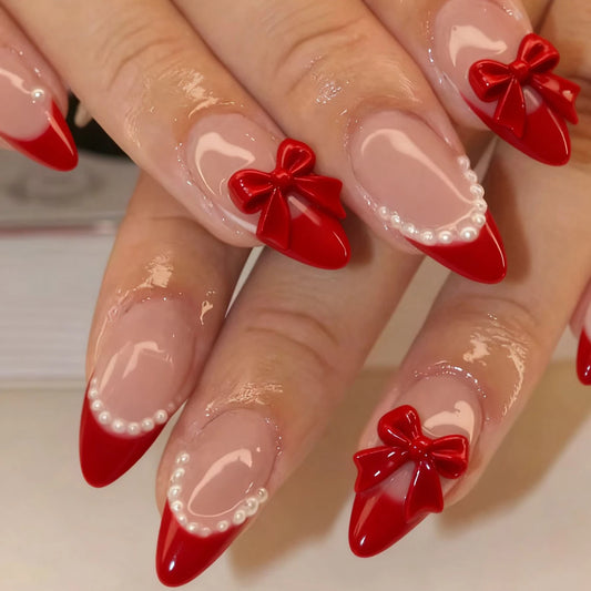 24PCS French Almond Fake Nails With Red Bow And White Pearl Design, Fully Covered Acrylic Fake Nails For Women