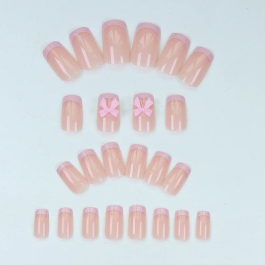 24PCS Square Short Fake Nails, Bare Pink Fake Nails, Bow Design, Press Type Nail, Smooth Surface, Fully Covered Acrylic Nails