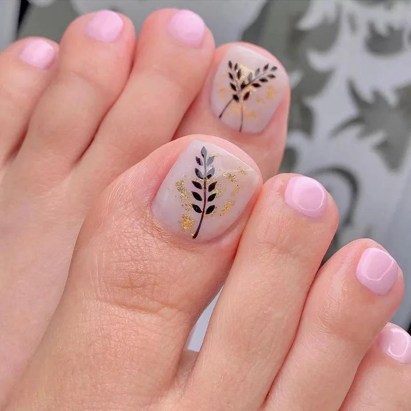 Flow Chocolate Design Artificial Toenails Glossy Fashion Toe Fake Nails with Glue Wearable Short Flat Shape Fake Toenails