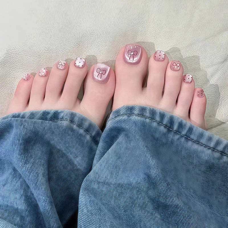 24pcs Light Pink Cat's Eye Press On Nails For Foot Simple Red Wave Point Decor False Toenails Korean Style Summer Fake Toenail