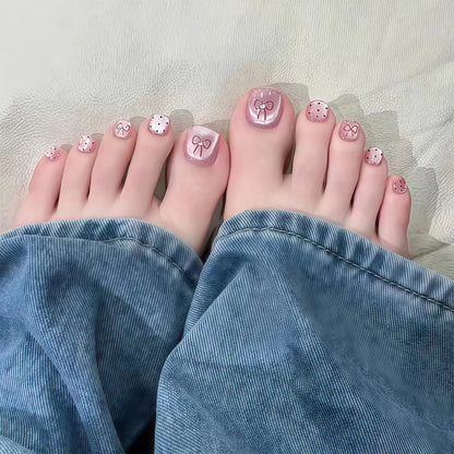 24pcs Light Pink Cat's Eye Press On Nails For Foot Simple Red Wave Point Decor False Toenails Korean Style Summer Fake Toenail