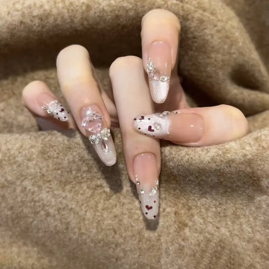24pcs Cat's Eye Glossy Fake Nails Tips Diamond Pearl French Long Almond False Nail Sweet Wearable Press on Nails Oval Manicure