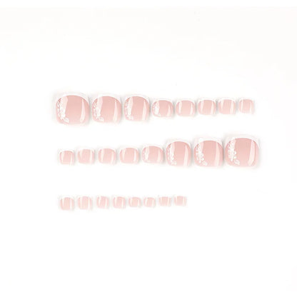Flowers White French Artificial Toenails Nude Pink Toe False Nails with Glue Wearable Short Flat Shape Fake Toenails Wholesale