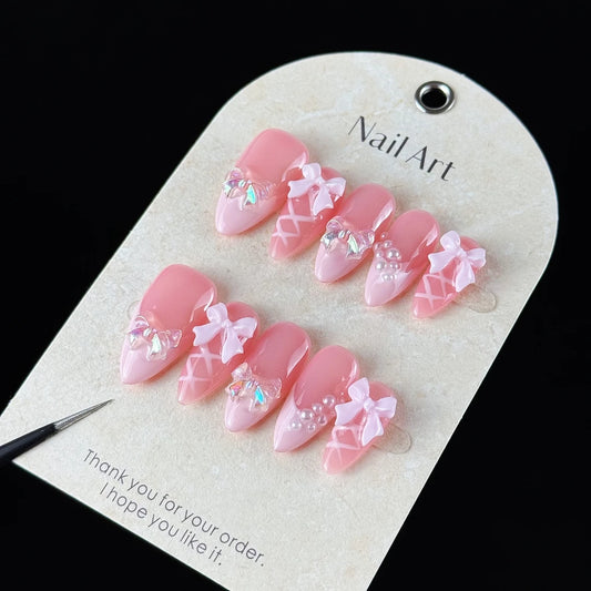 10pcs high-end Sweet girl style, hand-painted three-dimensional bow, shiny small pearls handmade fake nails