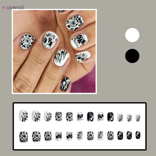 24pcs Halloween Style Press On Nails Black White Hand-painted Horror Fire Skull Designs False Nail Tips Short Round False Nails