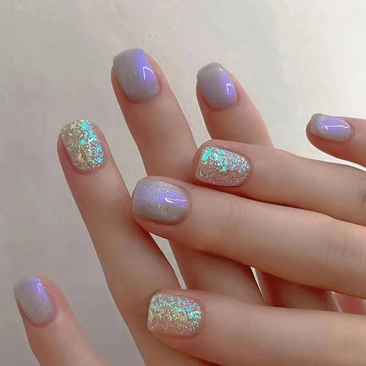 24pcs Summer Day Press on Nails Sets Aurora Short Square Full Cover Nail Tips Simple Purple False Nails Art Detachable Fake Nail