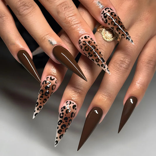 24Pcs Brown Leopard Print Pattern False Nails Press on Long Stiletto Acrylic Manicure Detachable Spice Cool Nails Set for Women