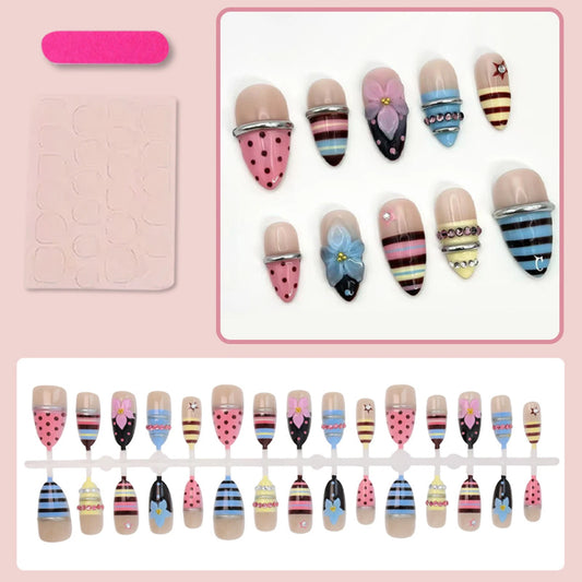 30pcs Summer Flower Printed Press On Nails Polka Dot Pink/Blue/Brown Stripes French Style False Nail Sweet Cool Almond Fake Nail
