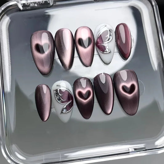 24Pcs Mid-length Almond Fake Nail Cat's Eye Love Heart Design Press on Nail Tip Butterfly Pattern Wearable Full Cover False Nail