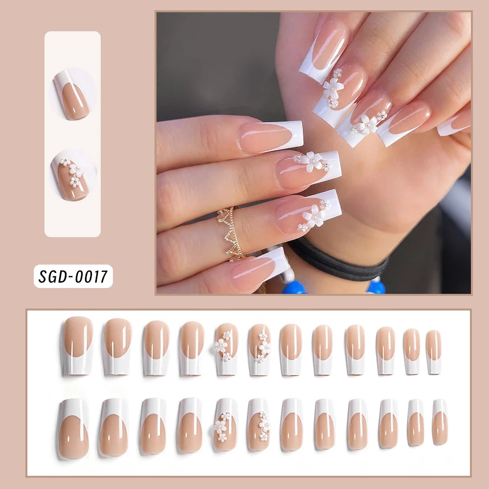 24pcs Flower French Fake Nails Pink Mid-length Square Finished False Nail 3D Jelly Hibiscus Design Gradient Press on Nails Tips#