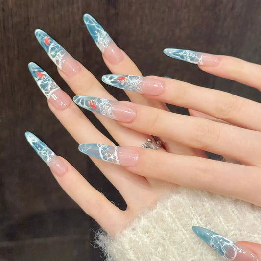 10pcs Handmade Water Ripple Cat Eye Press on Nails Ice Through Blue Fake Nails Almond Wearable Detachable Glitter False Nail Tip