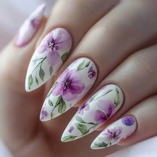 24pcs Purple Flower Pattern False Nails Long Almond Stick on Nail Art Detachable Stiletto Press on Fake Nails Finished Manicure
