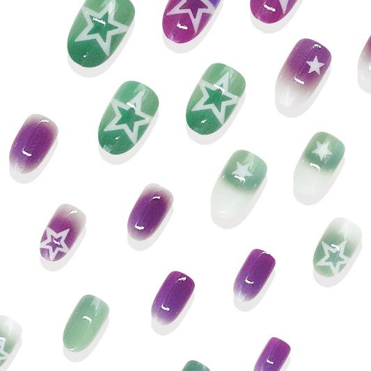 24pcs Short Round Head False Nails Y2k Star Pattern Gradient Press on nails Wearable Reusable Summer Fashion Fake Naik Tips