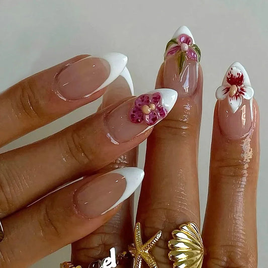 24Pcs Mid-length French Almond Fake Nails 3D Flower Design Press on False Nails Art Detachable Artificial Full Cover Nails Tips