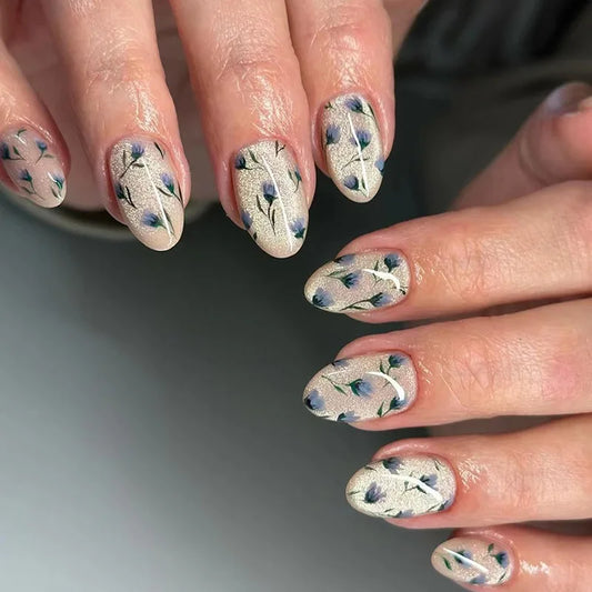 24pcs Cat's Eye Press on Nails Finished Flower Design Full Cover Almond False Nail Datachable Simple Round Head Short Fake Nail