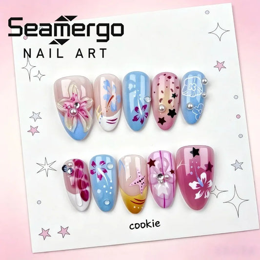 24PCS Short Almond Press on Nails Summer Beach False Nails with Flower Starfish and Pearl Design Fake Nails for Women Manicure