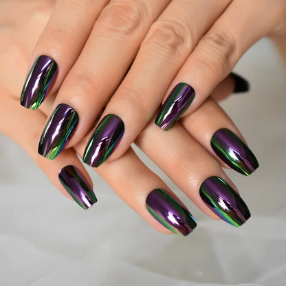 Short Midi Coffin Nails Chrome Mirror Fake Nails Set Metallic Press On Nails Medium Length Bead Luster Shiny Rainbow Nail Tips