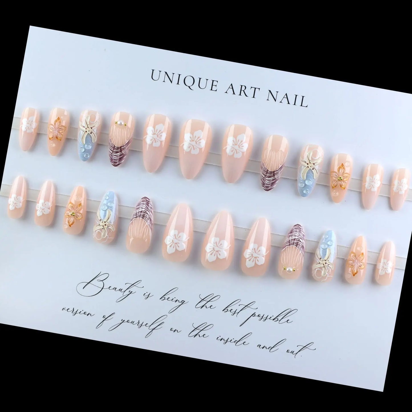 24PCS Sweet Summer Design False Nails Pastel Blue Pink Almond Fake Nail with 3D Starfish Shell Flower Pearl Beach Press on Nails