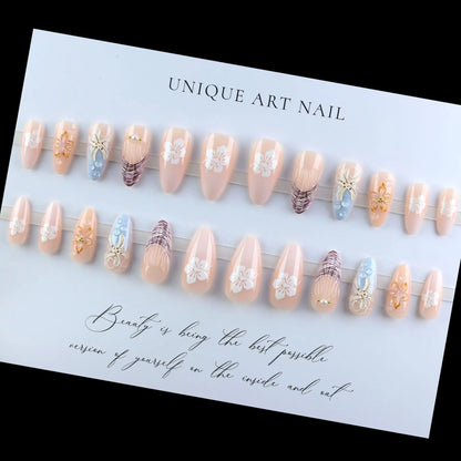 24PCS Sweet Summer Design False Nails Pastel Blue Pink Almond Fake Nail with 3D Starfish Shell Flower Pearl Beach Press on Nails