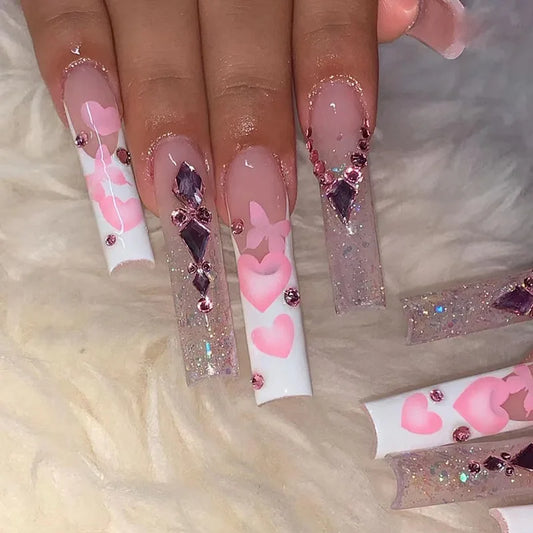24Pcs Pink Butterfly Fake Nails Long Coffin False Nails with Rhinestones Detachable Ballerina Full Cover Nail Tips Press on Nail