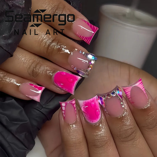 24PCS Pink Black Duckbill Press on Nails with Leopard Print Bow Rhinestone Fake Nails Edgy Y2K Cool Nail Art for Women Removable