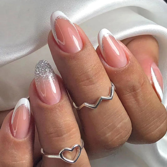 24pcs Simple Almond Press on Nails Art Love Design Pink Smudge Mid-length Oval False Nail Tips Detachable Fake Nail Set Finished