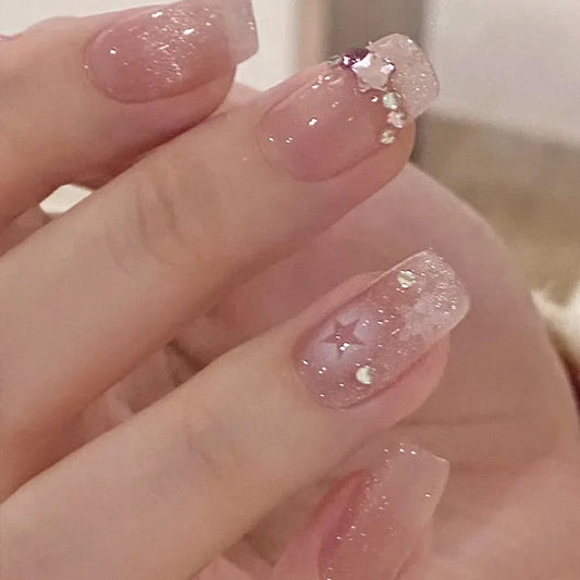 24Pcs Galaxy Glitter Coffin Detachable Gel Nail Tips Glow in Dark Starry Fake Nails Cat Eye Shimmery Star Pattern Press on Nails