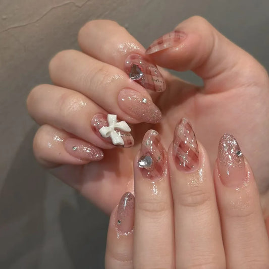 24Pcs Short Almond Detachable Nails Set Press on Polka Dot Pearl Fake Nails Full Cover 3D Flower Bow Love Heart False Nails Tips