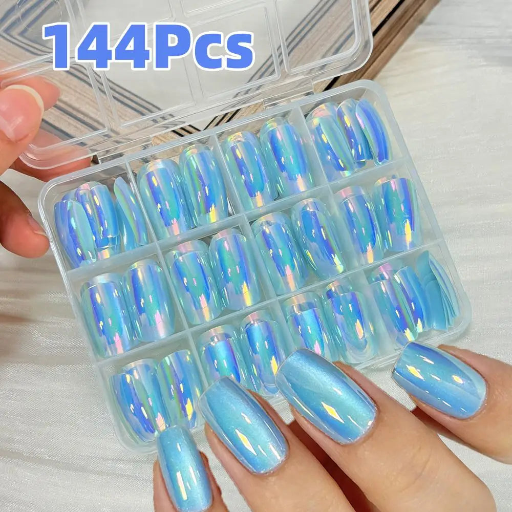 144Pcs Holographic Blue Chrome Press On Nails Iridescent Plating Medium Square Fake Nail for Women Daily Party False Nail Tips D
