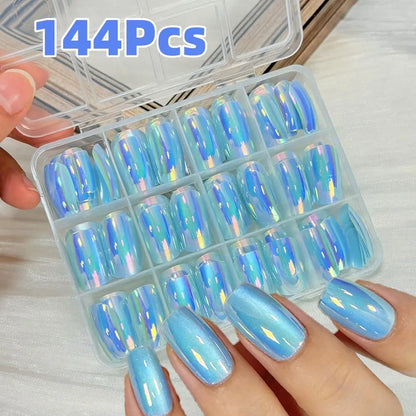 144Pcs Holographic Blue Chrome Press On Nails Iridescent Plating Medium Square Fake Nail for Women Daily Party False Nail Tips D
