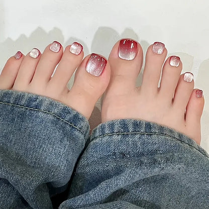 24pcs Light Pink Cat's Eye Press On Nails For Foot Simple Red Wave Point Decor False Toenails Korean Style Summer Fake Toenail