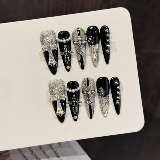 10PCS Stiletto Handmade Press On Nails,Dark Style Of The Hot Girl,Suitable For Festivals Parties And Daily Wear.