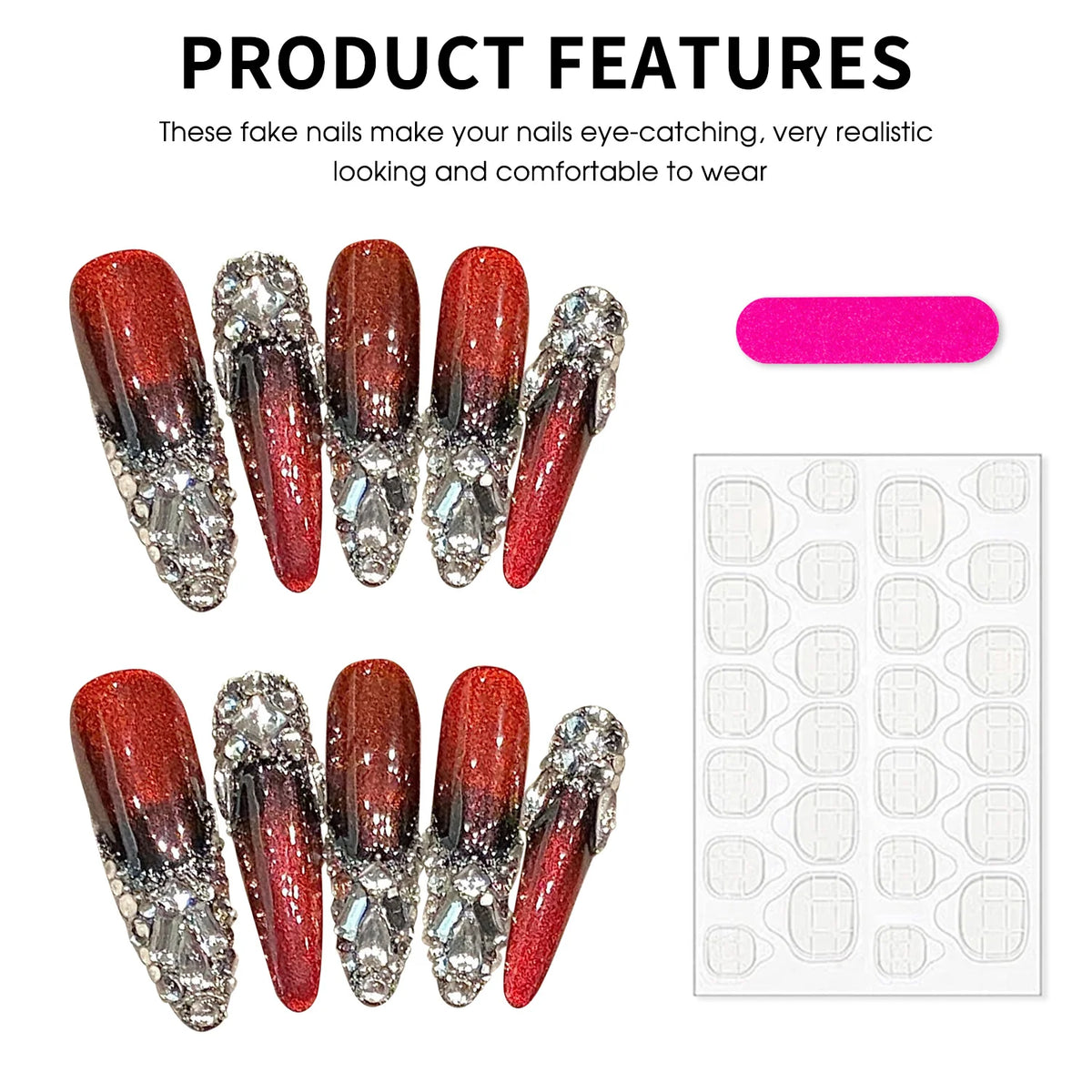 10pcs Wine-red Super Long Almond False Nails Handmade Full Shiny Diamond French Press On Nails Glossy Cat's Eye Luxury Fake Nail