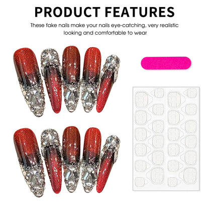 10pcs Wine-red Super Long Almond False Nails Handmade Full Shiny Diamond French Press On Nails Glossy Cat's Eye Luxury Fake Nail