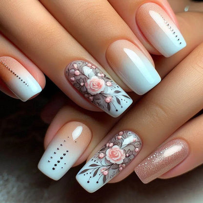 24Pcs Blue False Nails Gradient with French Design Wearable Fake Nails Gradient Short Coffin Full Cover Press on Nail Tips Art