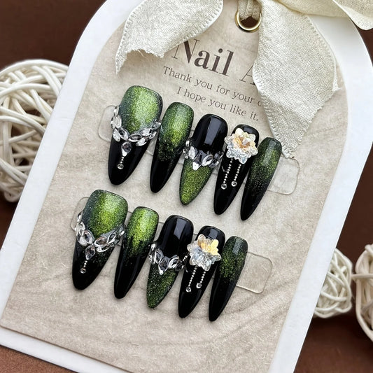10pcs high-end Autumn and winter long dark green cat eye broken drill burst flash handmade fake nails, Green cat eye with white